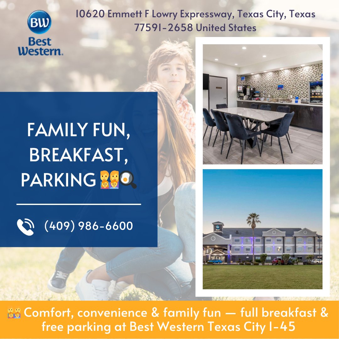 bwtexascity's tweet photo. 🍽️ Delicious full breakfast, family fun &amp; hassle-free parking at Best Western Texas City I-45. Call: (409) 986-6600
#BestWesternHotels #TexasCityTX #FamilyFun #HotelComfort #FreeParking https://t.co/RV9ReQqXt8