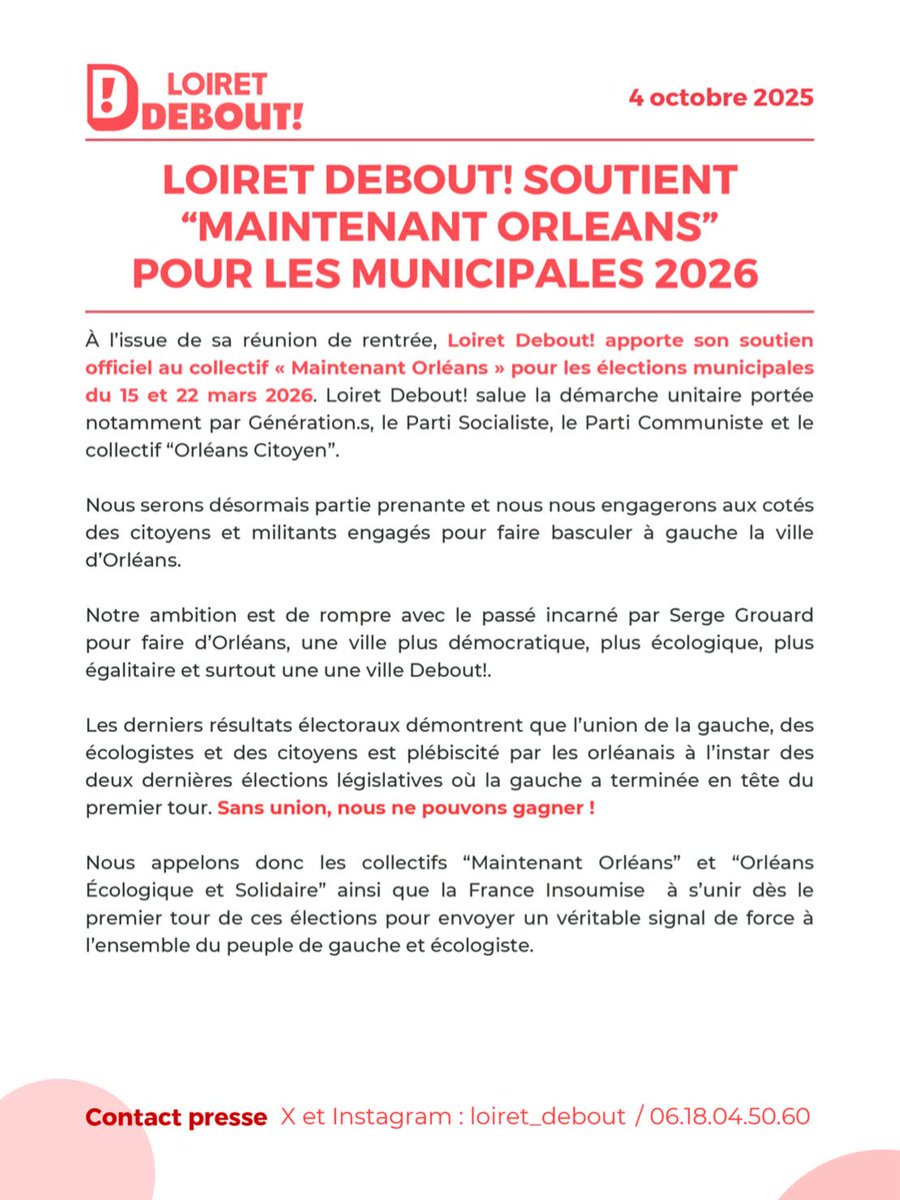 loiret_debout's tweet image. POUR LA VICTOIRE DE LA GAUCHE À ORLÉANS !

En ce 4 octobre 2025, Debout! rejoint le collectif « Maintenant Orléans » .

Pour qu’Orléans devienne une ville Debout! ✊🔥

#municipales2026 #orléans