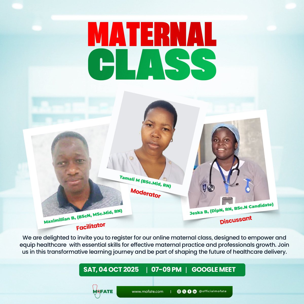 officialmofate's tweet photo. 📢 Invitation to Healthcare Professionals!

Join our Maternal Class — a platform to strengthen skills, knowledge &amp; practice in maternal health.

📅 04 Oct 2025 | 🕒 7–9 PM | 💻 Google Meet
✅ Register now: https://t.co/k1tF5QfJPd

Let’s build capacity &amp; advance safe motherhood! https://t.co/R6XTg9XAKV