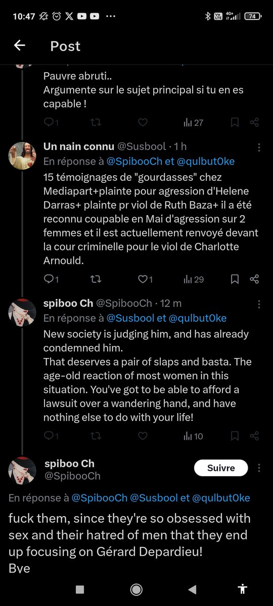 Susbool's tweet image. Ça traite les victimes de Depardieu de "gourdasses" et ça bloque dès qu'on énonce les faits. Toujours du monde pour gober les boules des agresseurs, ils ont encore de beaux jours devant eux, c'est bien.