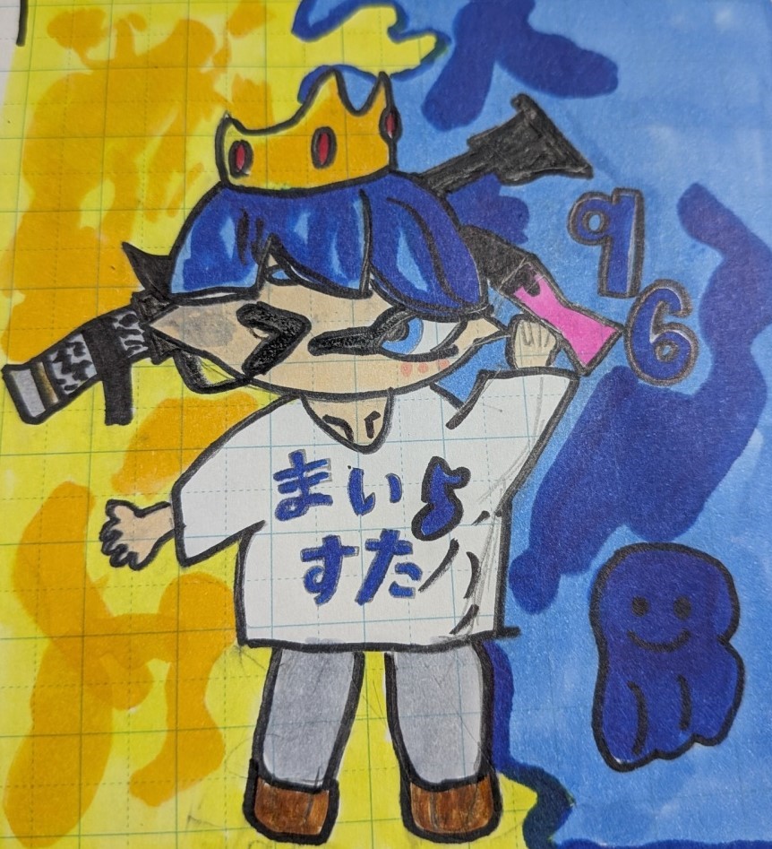 #まいすたの宝箱
紙でイラスト書いたやつなんですけど書いてみました！現在96ガロンが持ち武器というのを聞いたので96持たせました！　ぜひ（＠TYAKUTYAKU3333）さん使ってください！