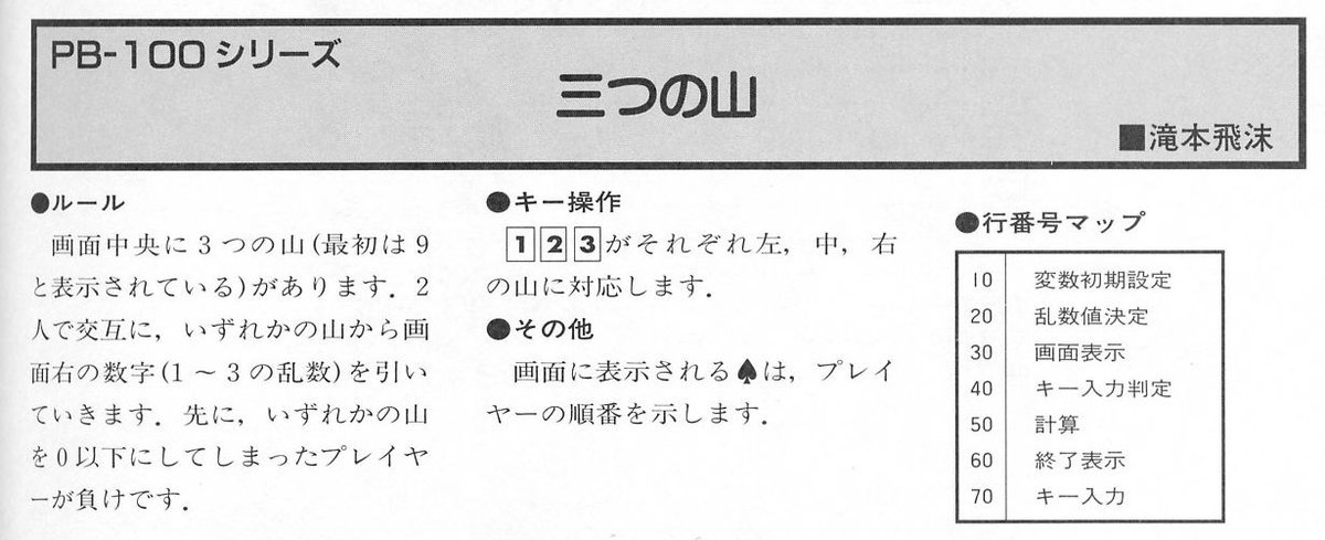 PB-100シリーズ「三つの山」I/O別冊ポケコンプログラム集１ '93.03 ■滝本 飛沫 さん作を

CASIO FX-502Pへ移植しました。
