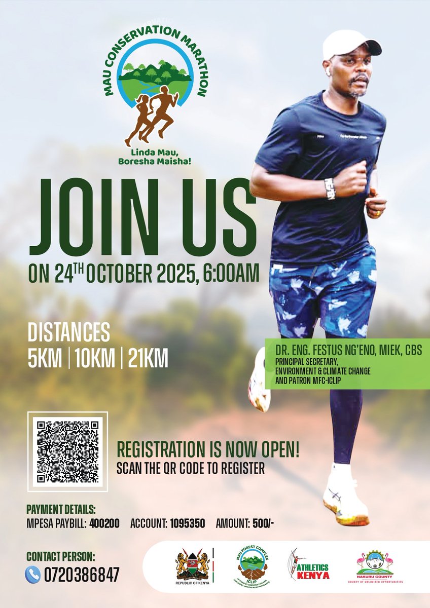 🌍🏃‍♂️ JOIN THE MAU CONSERVATION MARATHON! 🏃‍♀️🌍

Be part of a life-changing event that transforms every stride into conservation action. The Mau Conservation Marathon is happening on 24th October 2025 at 6:00 AM.

✨ Distances: 5KM | 10KM | 21KM
✨ Theme: Transforming Footsteps