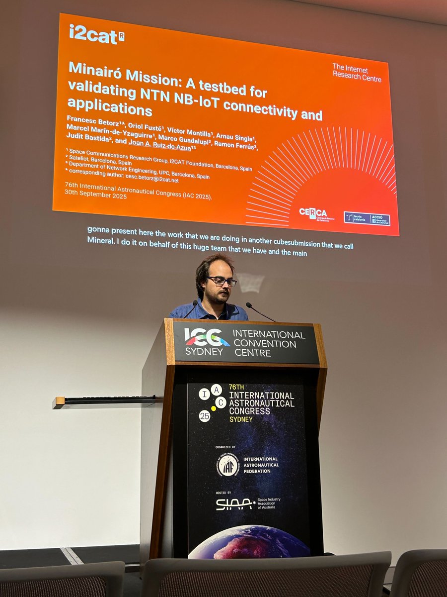 i2CAT's tweet image. 🚀 Researchers from #SpaceComms and #MWI groups shared their work at #IAC2025, organized by @iafastro in Sydney

🗣️ They gave 6 talks on #NonTerrestrialNetworks for #6G and presented the 🛰️#6GStarLab, Europe&apos;s 1st low-orbit 6G open research laboratory

#i2CATResearch #SpaceWeek