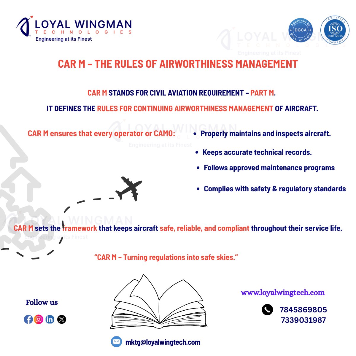 loyalwingtech's tweet image. CAR M – Turning regulations into safe skies!

Civil Aviation Requirement Part M ensures aircraft stay safe, reliable &amp;amp; compliant.

We at Loyal Wingman Technologies make airworthiness our top priority.

#CARM #Airworthiness #AviationEngineering #LoyalWingman