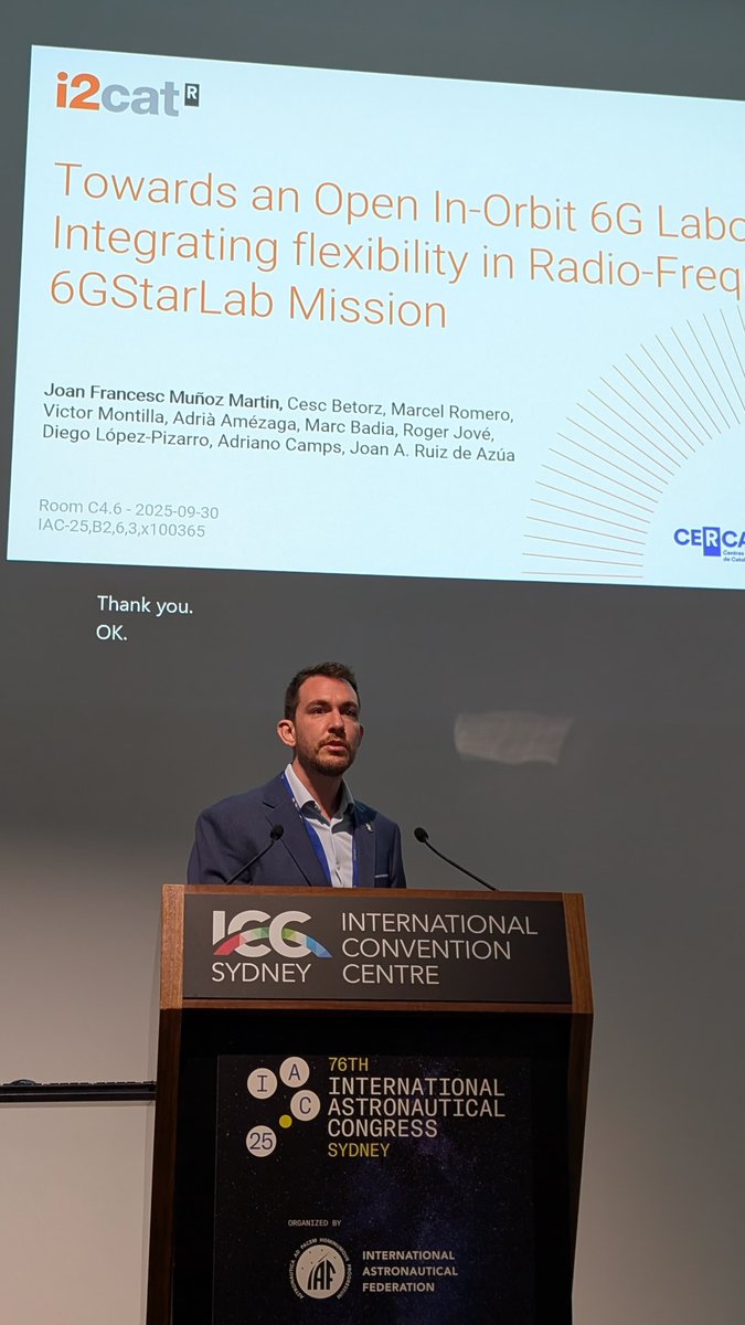 i2CAT's tweet image. 🚀 Researchers from #SpaceComms and #MWI groups shared their work at #IAC2025, organized by @iafastro in Sydney

🗣️ They gave 6 talks on #NonTerrestrialNetworks for #6G and presented the 🛰️#6GStarLab, Europe&apos;s 1st low-orbit 6G open research laboratory

#i2CATResearch #SpaceWeek