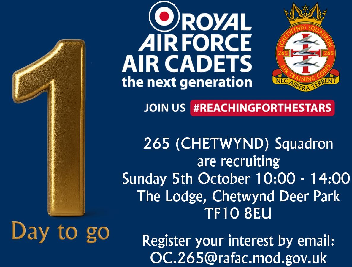 Our open day is tomorrow! Come and discover firsthand what it means to be an Air Cadet. From Music to First Aid, Radio to Flying it is all on Show.  

#aircadets #rafaircadets #ATC #whatwedo #VentureAdventure #265chetwynd #RAF #newportshropshire #WMW