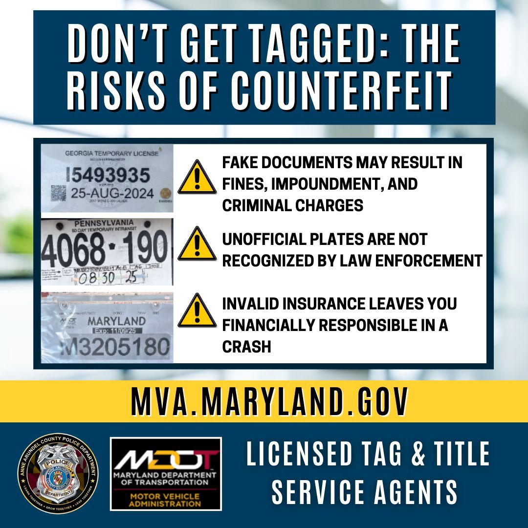 AACOPD's tweet image. Increasingly, our officers have found that drivers and vehicle owners have been using fraudulent businesses that sell unofficial license plates, invalid vehicle registrations, fake insurance cards, and counterfeit titles. The use of these illegitimate services, often found on…