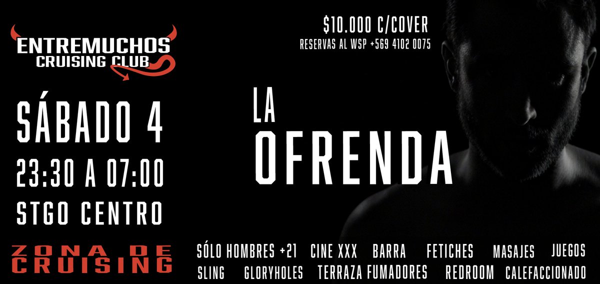 Entremuchossan1's tweet photo. ¡Vive una Noche Épica en ENTREMUCHOS!

🚨RT y podrás ganar un Freepass 🚨

🔞 SÁBADO 4 - ¡NO TE LO PUEDES PERDER! 🔞

Sumérgete en la experiencia más caliente y exclusiva para HOMBRES +21.

🌃 ENTREMUCHOS - CRUISING CLUB
📍STGO CENTRO

Desde las 23:30 HASTA las 07:00 AM

✨ ¿Qué te espera?
•Cine XXX
•Barra de Tragos
•Fetiches
•Masajes
•Juegos
•Zona Sling
•Gloryholes
•Terraza de Fumadores
•Redroom Calefaccionado

🎟️ ENTRADA: $10.000 CON COVER

📍 Ubicación exacta y reservas:
RESERVAS AL WSP: +569 4102 0075

⚠️ ENTRADA ESTRICTAMENTE PARA HOMBRES MAYORES DE 21 AÑOS.

No hables solo del deseo... ¡Vívelo!
ENTREMUCHOS - Donde los placeres se encuentran.

#Entremuchos #Santiago #CruisingClub #SoloHombres #NocheSantiago
