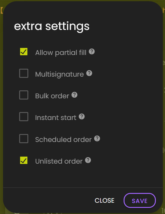 🍾🍾🍾 NEWS 🍾🍾🍾

- New setting added: Unlisted Order! 🎉

With this setting, your order will remain hidden from the public list, giving buyers more privacy.
Unlisted orders are still processed and filled internally as usual.

Enjoy! 🚀