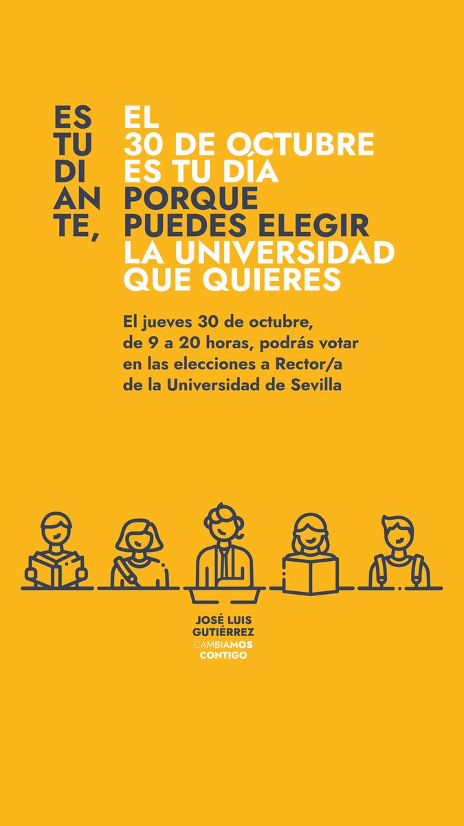 jlgutierrezUS's tweet image. ¡Estudiantes de la @unisevilla!  

Vuestro voto el 30/10 en las elecciones a rector ¡ES NECESARIO! 

Con el sufragio ponderado, decidís el futuro de nuestra uni: becas, movilidad, innovación... 

¡Participad y hagamos juntos la US que merecemos!

#CambiamosContigo
#EleccionesUS