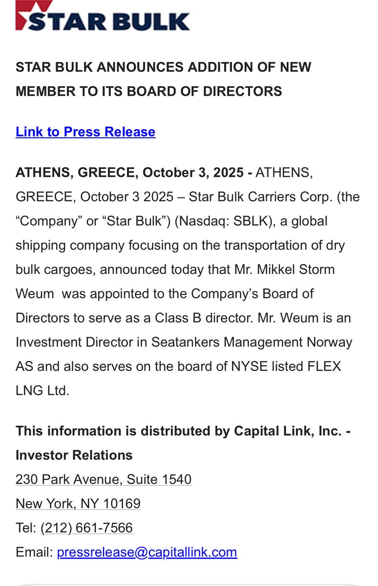 John Fredriksen’s move into $SBLK looks more strategic than speculative. A Seatankers rep now sits on the board #shipping #drybulk