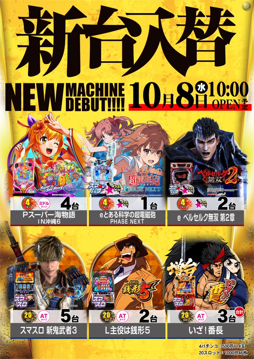 🎊新台入替のご案内🎊

10/8(水)新台入替予定🆕

20スロ
✔️新鬼武者３
✔️主役は銭形５
✔️いざ！番長&lt;増台&gt;

4パチ
✔️スーパー海物語IN沖縄６
✔️とある科学の超電磁砲 PHASE NEXT
✔️ベルセルク無双 第2章

話題の最新機種大量導入✨

#新台入替
#ダイナム