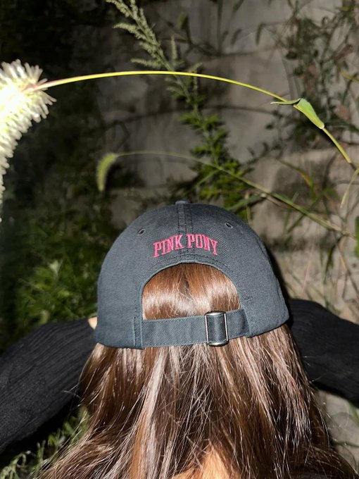 Krystal Jung wearing a black hoodie with a pink Polo Ralph Lauren logo on the chest. She has long brown hair and carries a black handbag. The background features green leafy plants and a brick wall. In another image, Krystal Jung is seen from behind, wearing a black cap with "Pink Pony" text in pink.