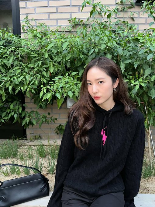 Krystal Jung wearing a black hoodie with a pink Polo Ralph Lauren logo on the chest. She has long brown hair and carries a black handbag. The background features green leafy plants and a brick wall. In another image, Krystal Jung is seen from behind, wearing a black cap with "Pink Pony" text in pink.