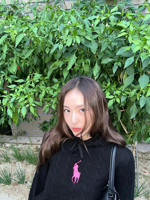 Krystal Jung wearing a black hoodie with a pink Polo Ralph Lauren logo on the chest, paired with black pants and a black handbag. Long brown hair flows over her shoulders. She stands in front of a green leafy plant and a white textured wall in one image, and in front of a similar wall with a potted tree in another. A third image shows her wearing a black Polo Ralph Lauren cap with a pink logo, standing in front of greenery.