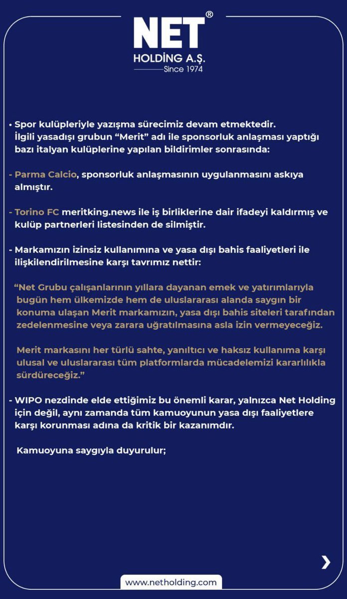 📌 Net Holding, Galatasaray’ın forma sponsorluğu için anlaşma yaptığı ‘meritking.news’ adlı yasa dışı bahis sitesine karşı açtığı davayı kazandığını açıkladı: 

“Gelirinin kaynağı belli olmayan sözde bir haber sitesi ile milyon Euro tutarlarında olduğu iddia edilen