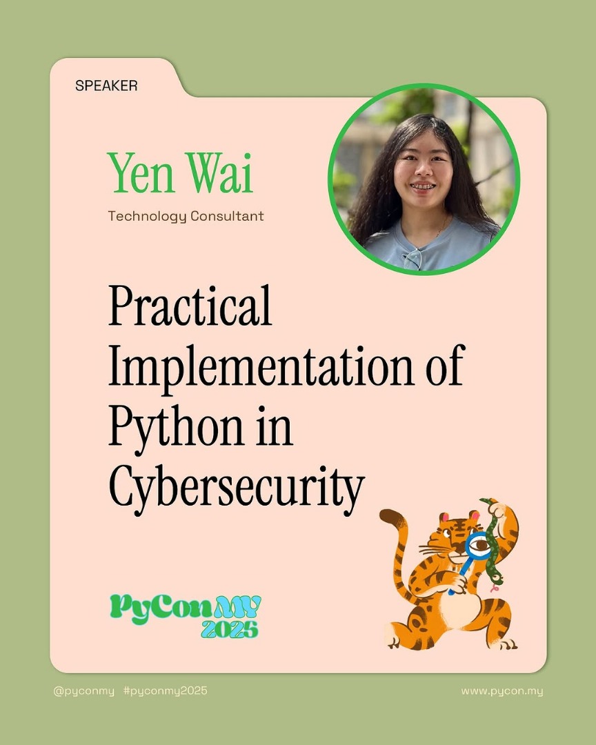 BREAKING: Our first #PyConMY2025 speaker is a cybersecurity powerhouse. 💥

Welcome Yen Wai Hong!
She's here to show you the practical side of Python for security — the kind she uses every day as a researcher at EY. No fluff, all action.

Secure your spot: eventbrite.sg/e/pycon-my-202…