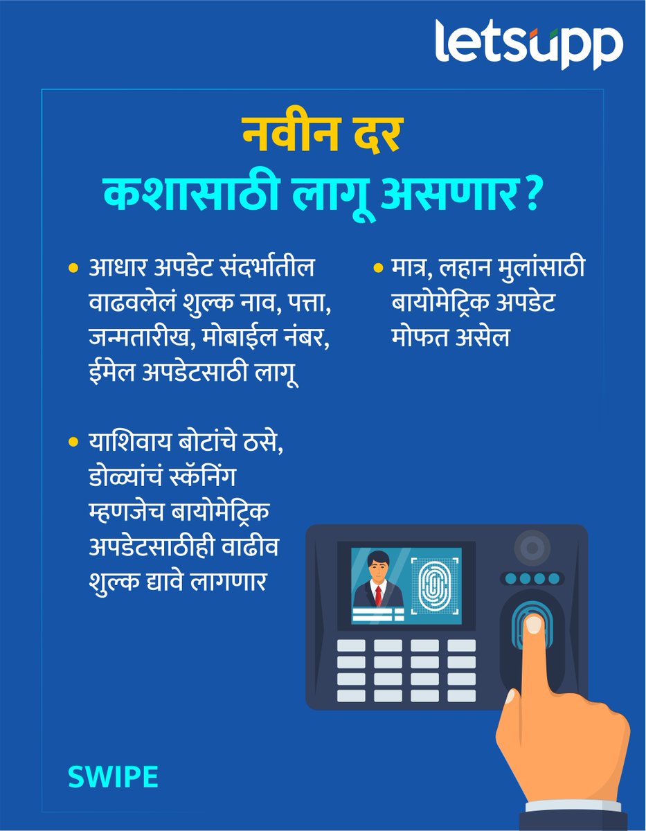 LetsUppMarathi's tweet photo. आधार कार्ड अपडेट करण्यासाठी आकारल्या जाणाऱ्या शुल्कामध्ये वाढ करण्यात आली आहे. ही वाढ 1 ऑक्टोबरपासून लागू झाली आहे.
-
#Adharcard #Adharupdate #UIDAI #MarathiNews #News #LetsUppMarathi #LetsUppNews https://t.co/e9dwSZZjJU