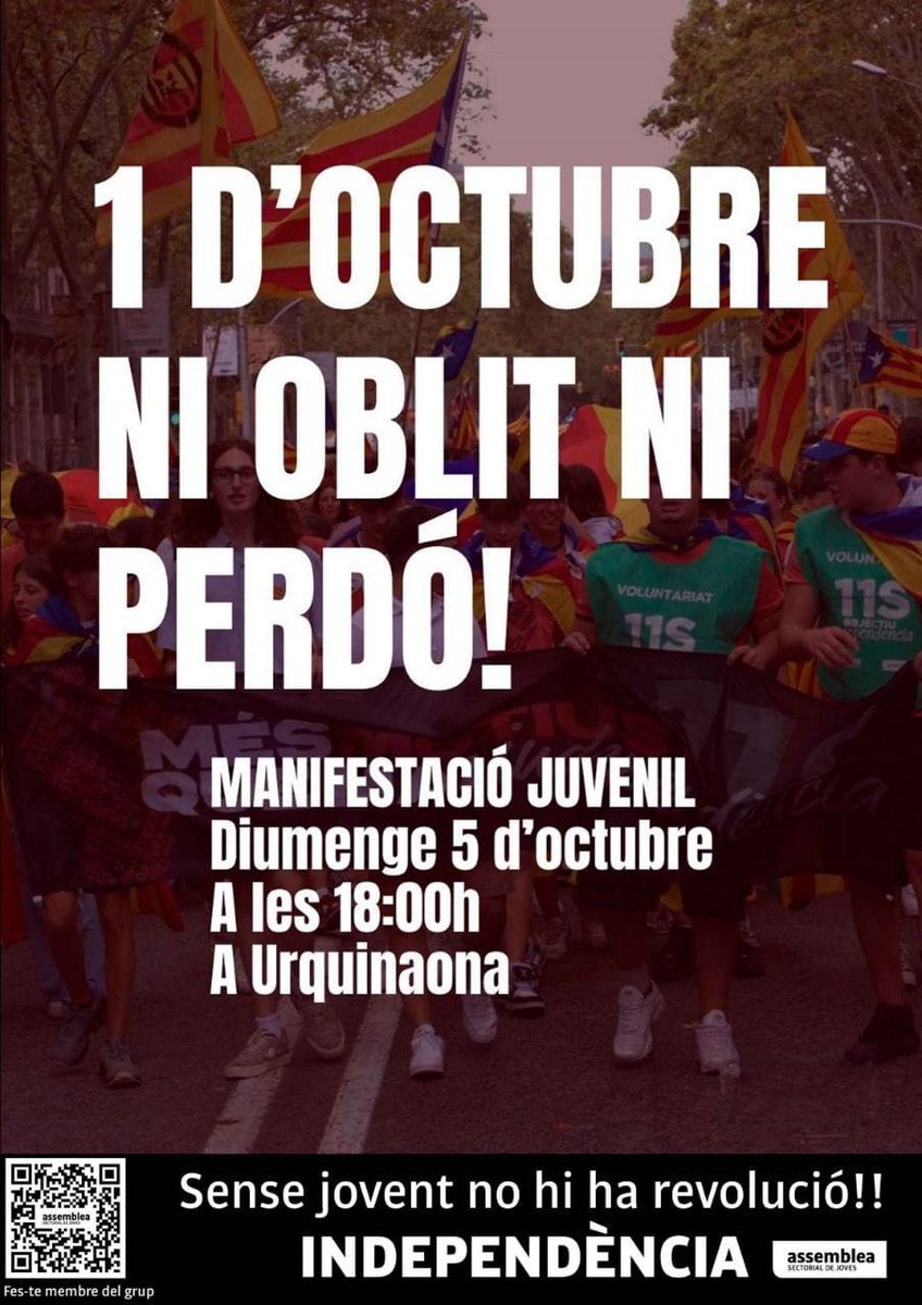 1 d’octubre: Ni oblit ni perdó!
Diumenge 5 d’octubre a les 18:00h a Urquinaona.

Aquesta mobilització és organitzada pel nou grup de joves de l’ANC.

Sense jovent no hi ha revolució,
Independència.

Vine i fes sentir la teva veu!