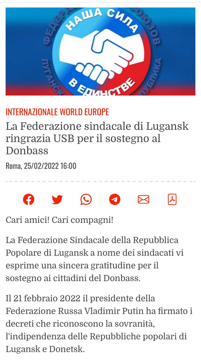 “L’Unione Sindacale di Base ha sostenuto sin dall’inizio le repubbliche popolari del Donbas, autoproclamatesi indipendenti a seguito di un referendum popolare e dopo il golpe occidentale del 2014”. Inizia così un post da titolo “La guerra in Ucraina vista dal lato dei popoli: