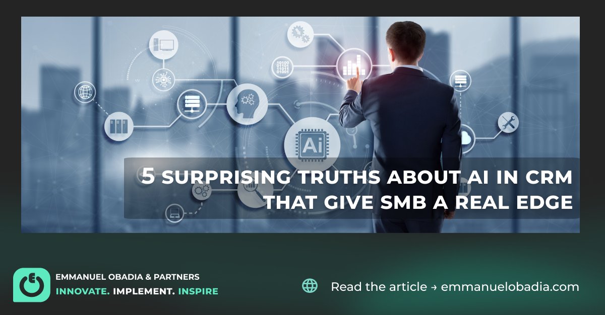 eobadia's tweet image. AI in CRM ≠ mega-project.
For SMBs, it’s small AI agents that cut friction and give teams back time for customers.
New post → 5 Surprising Truths About AI in CRM That Give SMBs a Real Edge

Read → emmanuelobadia.com/2025/10/03/ai-…

#AI #CRM #SMB #SalesAutomation #CustomerExperience