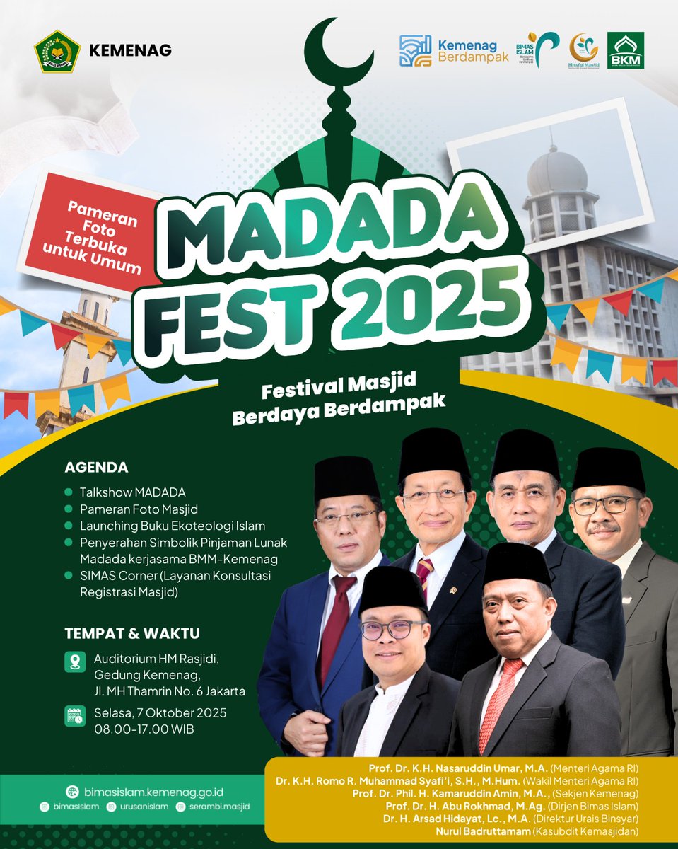 BimasIslam's tweet photo. Hadir perdana! MADADA FEST 2025
Festival Masjid Berdaya Berdampak
Yuk ramaikan rangkaian acara inspiratif mulai dari Talkshow MADADA, Pameran Foto Masjid, Launching Buku Ekoteologi Islam, hingga SIMAS Corner.
#kemenag #bimasislam #sahabatreligi #madada #fest #masjid #berdaya https://t.co/K3BioFZnMO