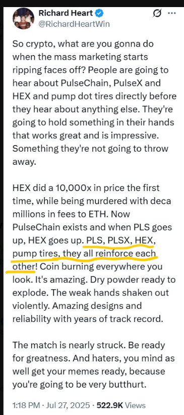 RealIMMORTAL333's tweet photo. RICHARD HEART: "PLS, PLSX, HEX, pump tires they all reinforce each other!"
One engine, four cylinders.
When one fires, the whole block redlines. π
#PulseChain $PLS $PLSX $HEX $INC
#PLSmeme #PLSXmeme #HEXmeme #BitcoinHEX https://t.co/sfFTnDXk7f