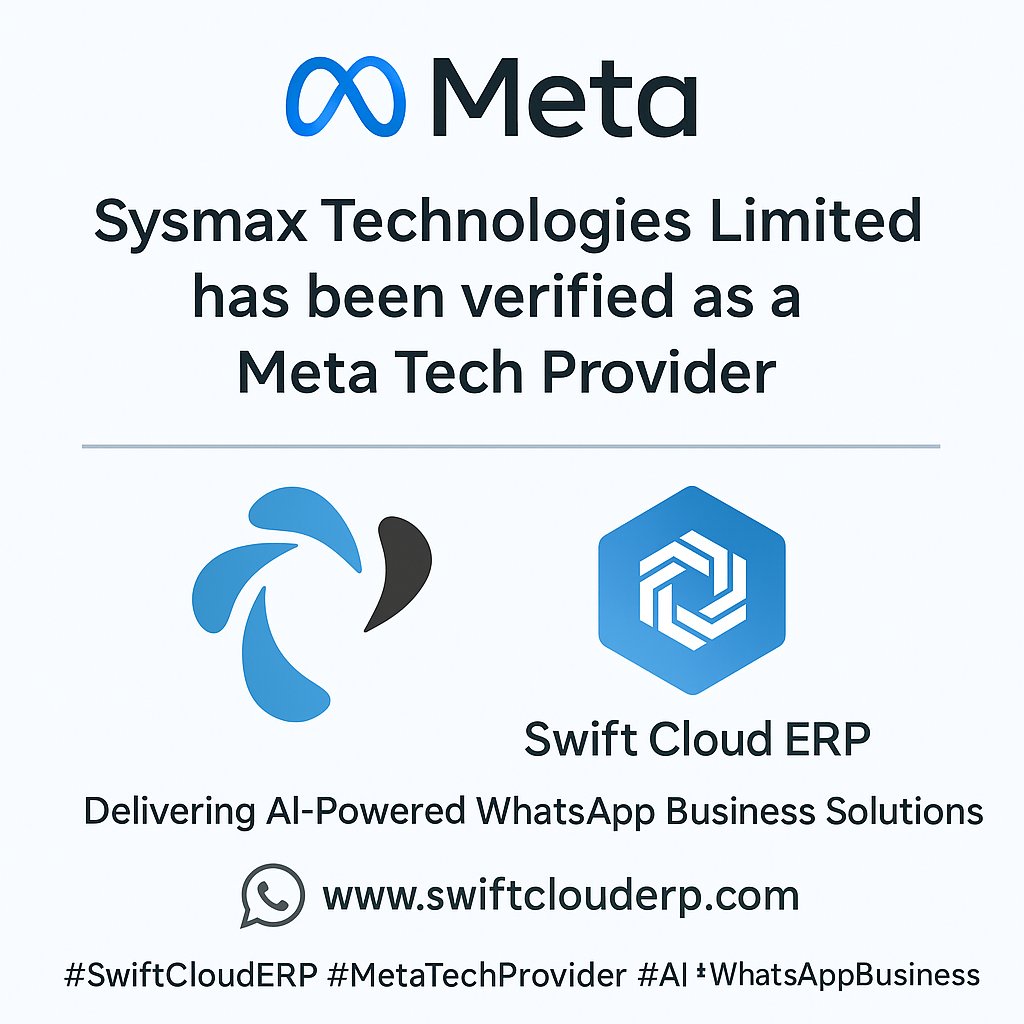 myswiftclouderp's tweet photo. Big News!
Sysmax Technologies Limited is now officially verified by Meta as a Tech Provider ✅
With Swift Cloud ERP, we’re delivering AI-powered WhatsApp business solutions to help SMEs automate sales, support &amp; e-commerce. 
#SwiftCloudERP #MetaTechProvider #AI #WhatsAppBusiness https://t.co/7EUr5QVUXP