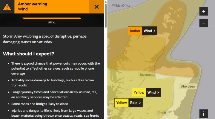 NETrunkRoads's tweet photo. 🟠 AMBER WEATHER WARNING 🟠

🌪️ WIND across @HighlandCouncil, @MorayCouncil &amp; @Aberdeenshire.

⌚️ In place on Saturday (04/10) to 21.00hrs. 

⚠️ Storm Amy will bring a spell of disruptive, perhaps damaging, winds on Saturday.

🔗 Full @metoffice info: https://t.co/AxQWz6xGuQ https://t.co/fmMFlDmP22