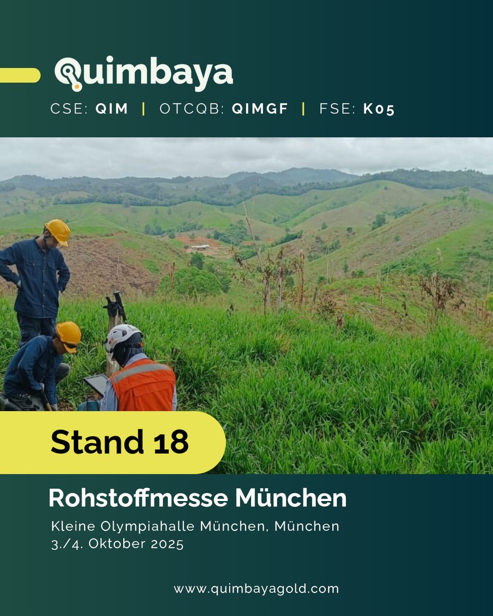 QuimbayaGoldInc's tweet image. Wir sind live auf der Rohstoffmesse in München!
Besuchen Sie das Quimbaya Gold Team am Stand 18.
Kommen Sie vorbei und lassen Sie uns über die Zukunft der Goldexploration sprechen!

$QIM #MunichMiningConference #Bergbau #Investieren