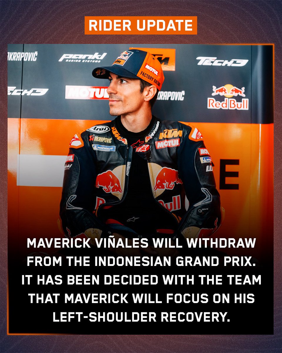 Tech3Racing's tweet image. Unfortunately, Maverick will sit out on the sprint today, and the main event tomorrow. 💔
#IndonesianGP #MotoGP