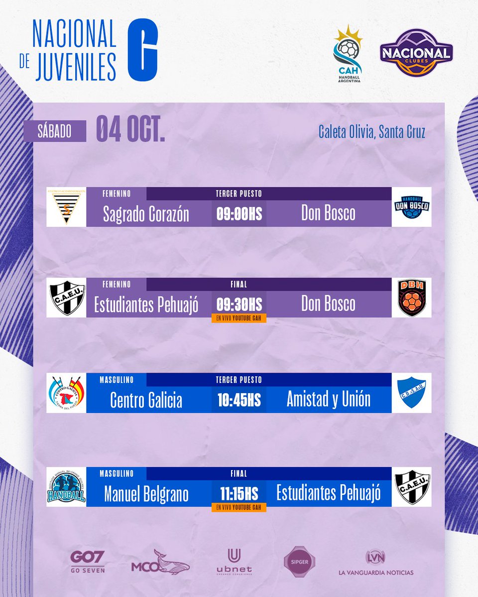 ¡Día de definiciones 🔥 en la Patagonia 🏔️!

Desde las 09:00hs se disputarán los partidos por el tercer puesto y las finales de los Nacionales de Clubes Juveniles “B” y “C".

💻 Toda la definición se podrán seguir en vivo por el canal oficial de YouTube de la CAH.