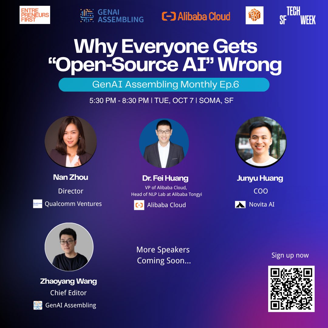 genaiassembling's tweet image. GenAI Assembling in collaboration with Alibaba Cloud · AGI Builders Meetup · Entrepreneur First · a16z SF Tech Week @alibaba_cloud @join_ef @Techweek_ 

October 7 | 5:30–8:30 PM · San Francisco
 📍 SOMA, SF

What you’ll hear:
•Qwen team’s first deep-dive talk in Silicon Valley…