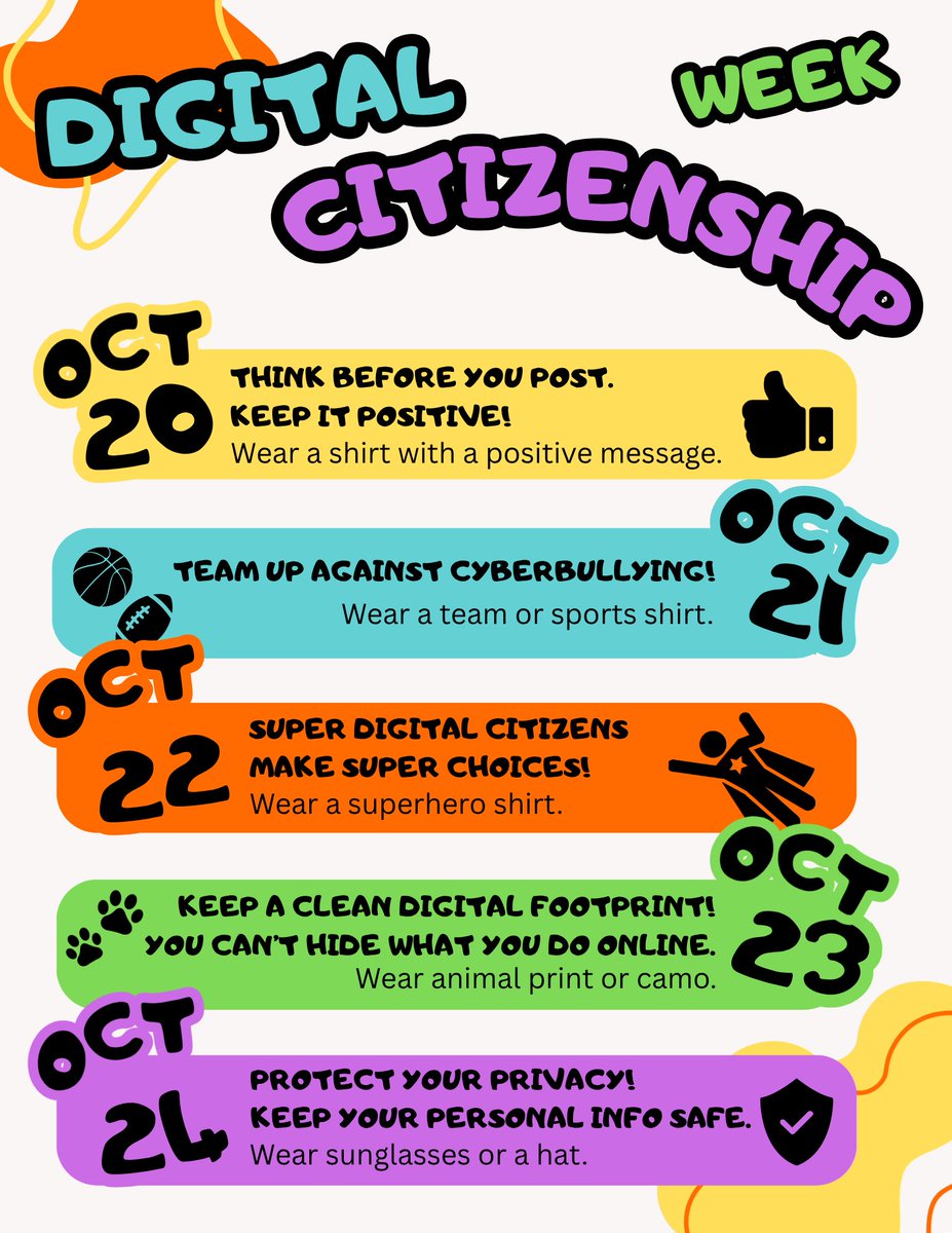 jlbowling's tweet image. Digital Citizenship Week is right around the corner. Have students show their spirit every day! teach.link/digcitweek #DigCit #FutureReadyLibs