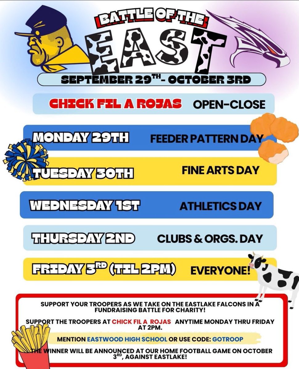 RobRobledoEHS's tweet image. Battle of the East was a Huge Success! 

$1,404.04 Will Be Donated on Behalf of El Paso’s Finest Feeder Pattern to El Pasoans Fighting Hunger 💙💛

This is What Community @EastwoodHQ is ALL About! #TrooperNation 🫡
