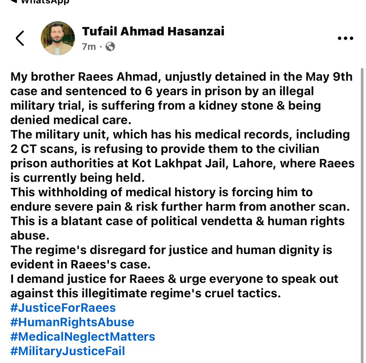 QasimKhanSuri's tweet photo. ⚠️ ریاستی فسطائیت کا شکار ایک اور بیگناہ اسیر رئیس احمد جس کو جیل میں طبی سہولیات میسر نہیں!
رئیس احمد دو سال سے قید میں ہیں، نو مئی کے نام نہاد جھوٹے اور غیر قانونی فوجی ٹرائل کے بعد چھ سال کی سزا بھگت رہے ہیں، ان کو گردے کی پتھری کی شکایت ہے اور کئی دن سے شدید درد میں مبتلا ہیں، مگر نہ صرف جیل حکام نے ان کو مناسب علاج کی سہولت دی ہے بلکہ ملٹری حکام نے ان کے تمام طبی ریکارڈز بھی روک لیے گئے ہیں تاکہ مزید اذیت دے کر ان کو توڑا جائے۔ 
واضح رہے یہ وہی رئیس احمد ہے جس کو جبری بیان کی خاطر ملٹری تحویل میں بدترین تشدد کا نشانہ بنایا گیا تھا، پہلے بھی کئی قیدیوں کو اسی طرح علاج سے محروم رکھا گیا اور کئی کے ساتھ سنگین واقعات ہوئے۔
ہم مطالبہ کرتے ہیں کہ ریس احمد کو فوری اور مکمل طبی امداد دی جائے اور سیاسی انتقام کی یہ ظلم و ستم کی پالیسی ختم کی جائے۔
#FascismUnderAsimLaw  
#PoliticalVictimization