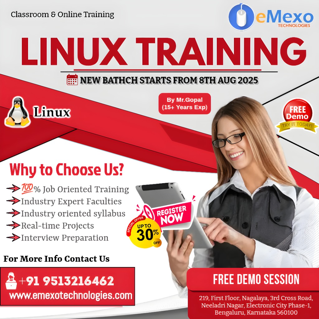 gokulemexo's tweet image. 🚀Launch Your IT Career with Linux – Become a Pro in Just 2 Months! Now Get 30% OFF on Linux Training – Online &amp;amp; Offline

Batches Available!
Call: +91 9513216462
Visit:emexotechnologies.com/courses/linux-…
Location: eMexo Technologies, Electronic City, Bangalore

#LinuxTraining #LinuxBasics