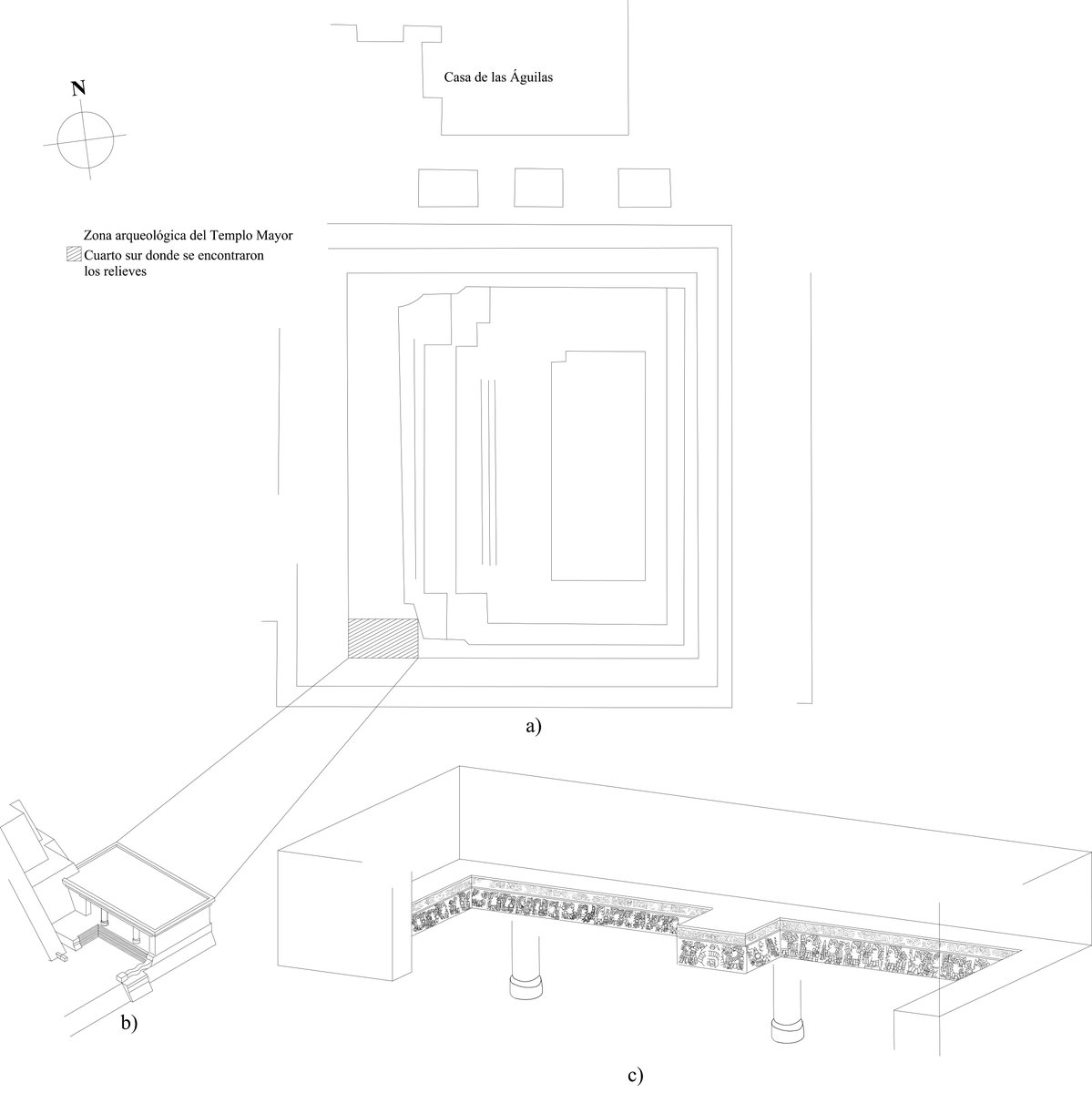 NgelUichilovos's tweet image. La esquina inferior izquierda de la primera foto muestra la excavación de Gamio (calle de República de Guatemala y Seminario). Entre otros vestigios, reporta 52 relieves policromados de piedra que formaban una banqueta adornando el templo de #Huitzilopochtli
#Isometricprojection