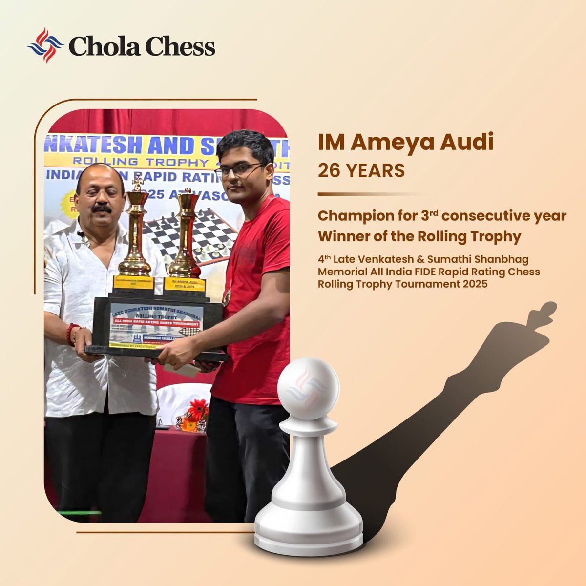 CholaChess's tweet image. A stellar run for IM Ameya Audi across four major tournaments!

🏆 Champion at Ceske Budejovice IM 2025

🥉 3rd Place (tied for 2nd) at Vaujany Chess 2025

🏆 Champion (3rd consecutive year) at 4th Late Venkatesh &amp;amp; Sumathi Shanbhag Memorial Rapid

8th Place at Teplice Open 2025…