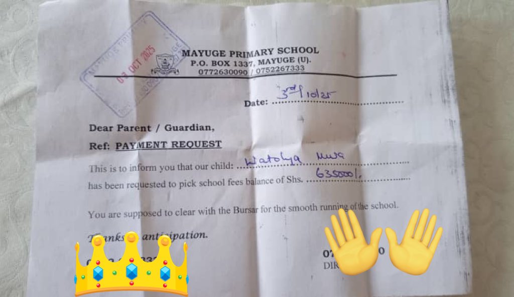 As I spoke to the mother yesterday, she shared with me this school fees debt notice.

This boy is a P7 candidate who is due for exams next month but unfortunately he’s seated at home.

Let’s help Musa go to school and sit his PLE 🥹

contribution to 0760922420-Kivumbi Paul
