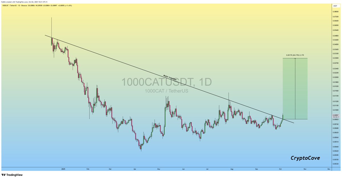 CryptoFaibik's tweet image. $CAT is finally Breaking the Major Trendline on the Daily TF Chart..📈

Expecting +250% Bullish Rally in the Coming Days.. 🔜

#Crypto #1000CAT @SimonsCat