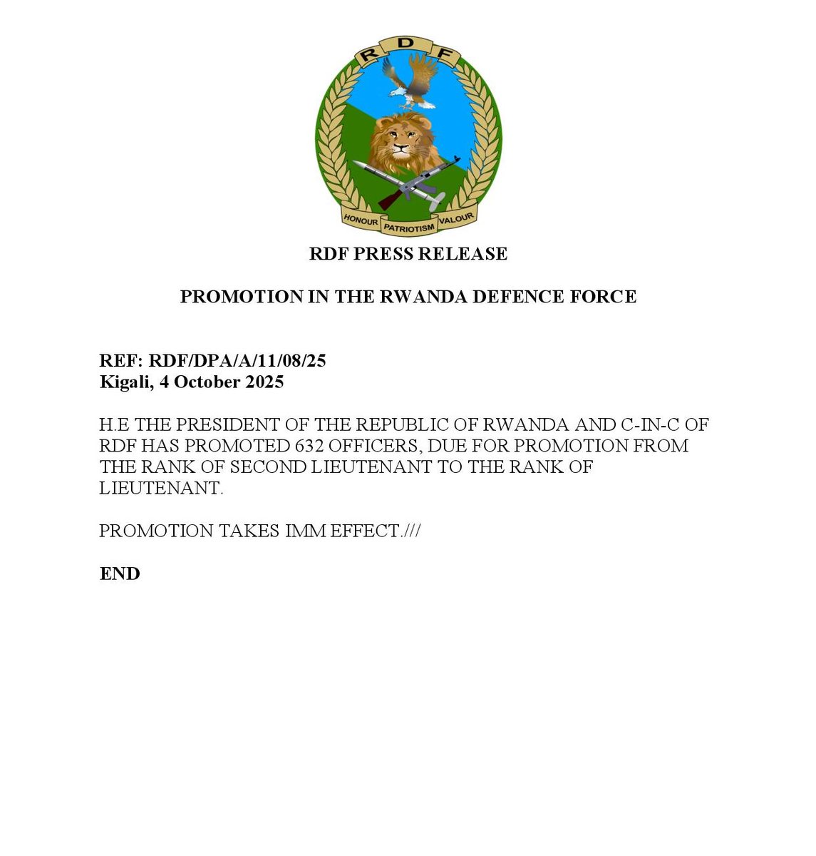 PROMOTION IN THE RWANDA DEFENCE FORCE