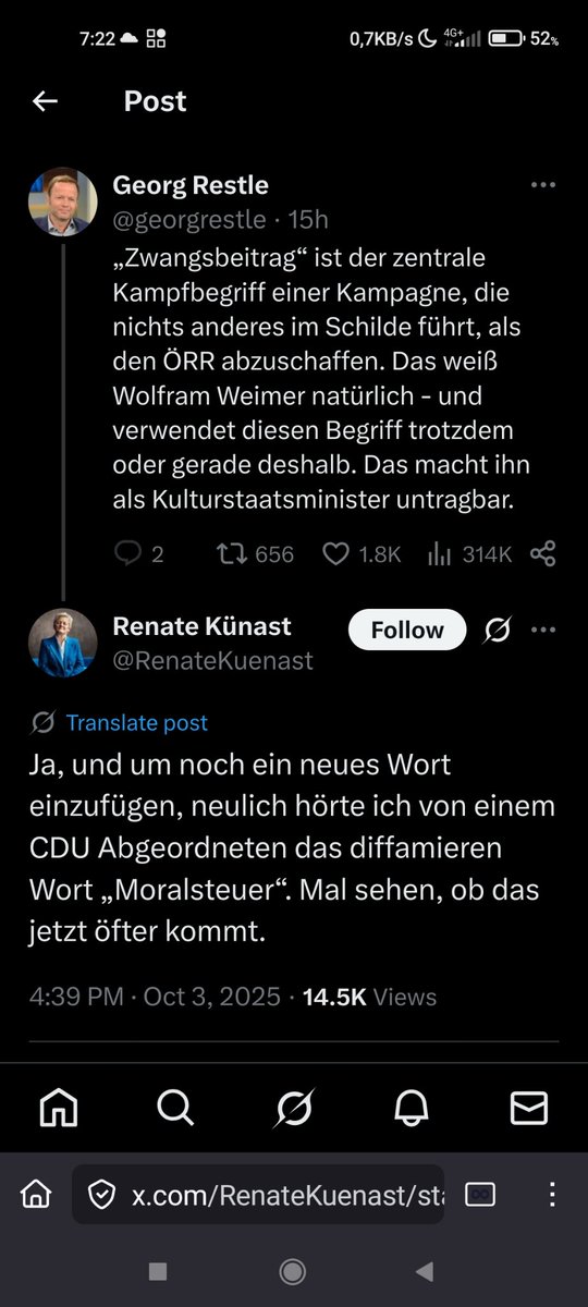 #ÖRR Mitarbeiter #GeorgRestle (#Monitor) fürchtet d Abschaffung des #ÖRR Ein #Kulturstaatsminister der d #GEZ Gebühr Pardon #Rundfunkbeitragsservice als #Zwangsgebühr bezeichnet sei lt. Restle untragbar. D Einseitigkeit des ÖRR seit mind. 2020 hat #KLAR gezeigt #ÖRRabschaffen
