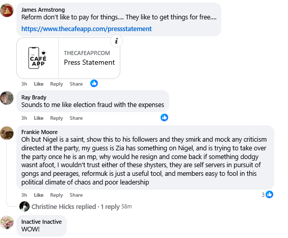 Reform UK don’t like to pay for anything…

Incredible conversation kicking off between former candidates and vendors to the party.

Even this statement by an app developer: thecafeapp.com/pressstatement