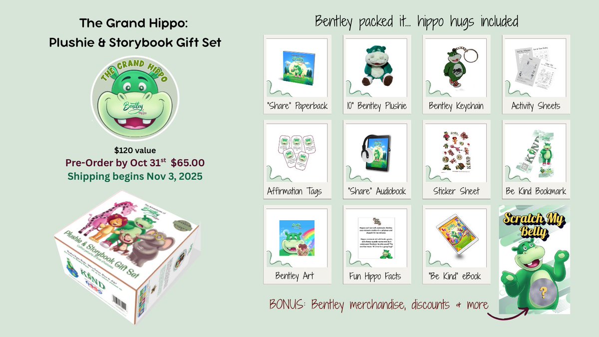 Our biggest bundle ever! Bentley Hippo packed it himself -no guarantees he threw in a snack but this is a hippo-tastic value over $120! (CAD) Preorder by Oct 31 to lock in at $65. Shipping will begin Nov 3, 2025 #giftideas #childrensbook #holidayshopping bentleythehippo.com/the-grand-hipp…