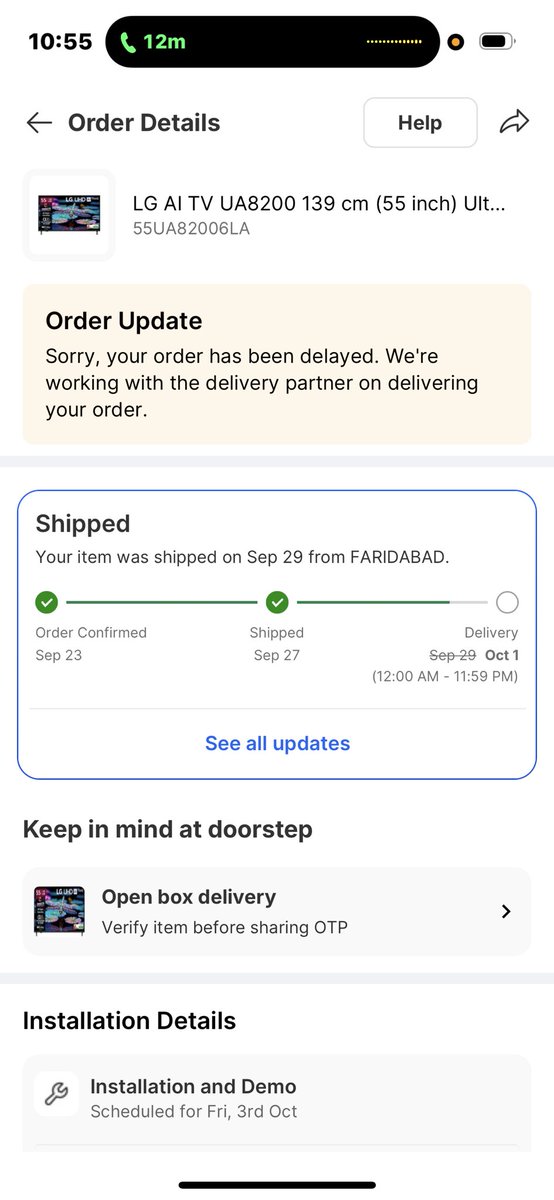 ‘L’ in <a href="/Flipkart/">Flipkart</a> stands for LAZINESS

<a href="/flipkartsupport/">FlipkartSupport</a> has become so lazy that they have even stopped updating the status.

It’s 4th Oct already &amp; still showing the “Delivery ‘will’ take place on 1st Oct &amp; installation by 3rd Oct” 😂

Sorry <a href="/_Kalyan_K/">Kalyan Krishnamurthy</a> can’t wait for another year.
