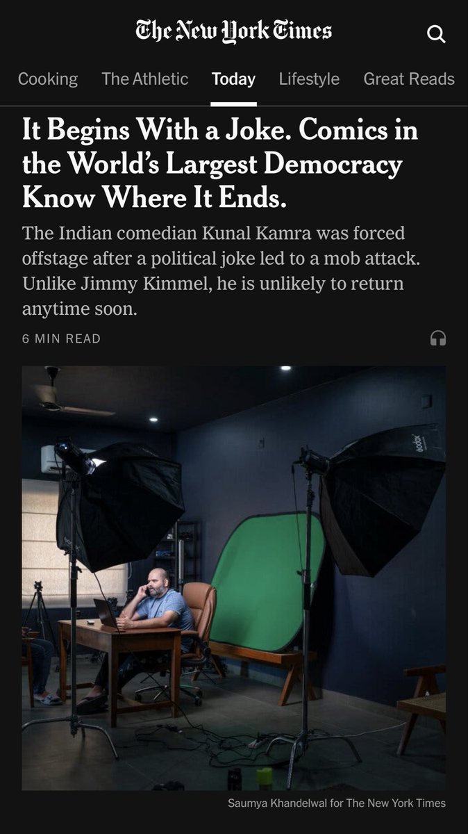“I used to think the F.I.R.s, the court cases, were harassment,” he said. “Now I feel harassment is better then broken bones.”

Indian comedian Kunal Kamra, who was forced off stage by mob violence, on how space shrinks…how quickly it becomes normalized.

nytimes.com/2025/10/03/wor…