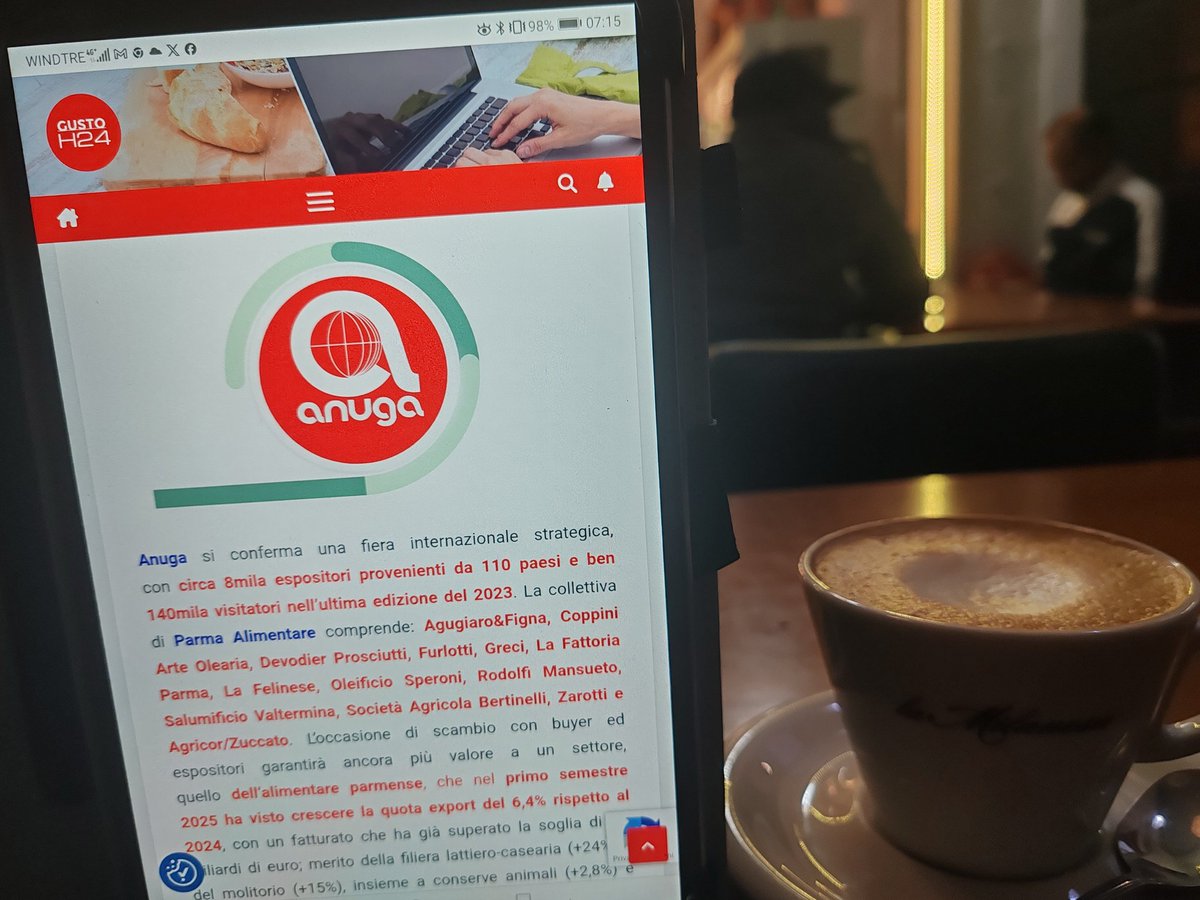 Da Oggi la Food Valley con <a href="/ParmaAlimentare/">Parma Alimentare</a> <a href="/prosciuttoparma/">Prosciutto di Parma</a> e <a href="/theonlyparmesan/">Parmigiano Reggiano</a>  alla fiera di #ANUGA
TUTTO SU #GUSTOH24
<a href="/parmawelcomeoff/">Parma Welcome</a> <a href="/sassi_mario/">Sassi Mario 🇪🇺</a> <a href="/PecoraroScanio/">Alfonso Pecoraro Scanio</a> <a href="/paoloigna1/">paolo ignazio marong</a> <a href="/CarloVischi/">Carlo Vischi</a> <a href="/RegioneER/">Regione Emilia-Romagna</a> <a href="/ComuneParma/">Città di Parma</a>