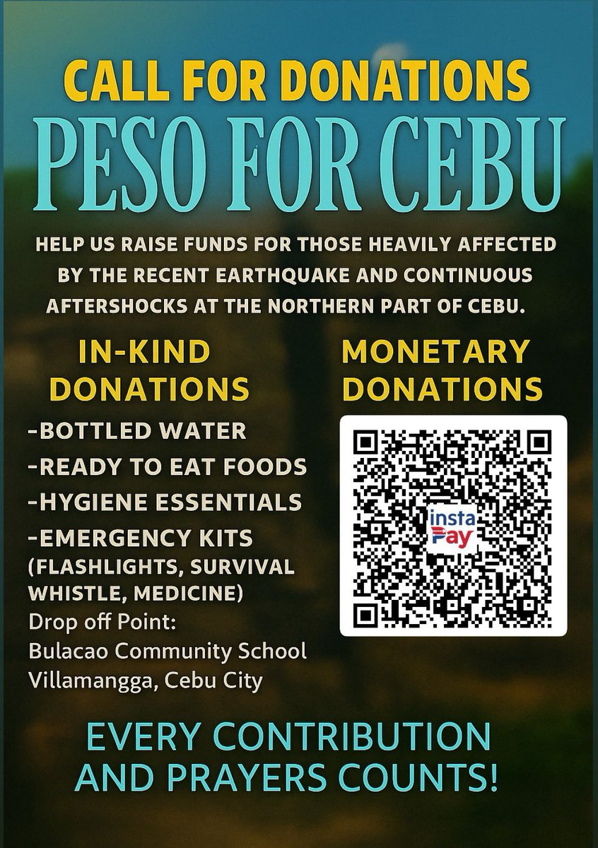 zerowroses's tweet photo. hello everyone! recently, cebu was hit by an earthquake, and a lot of families are in need of help right now. if you can donate monetarily, any amount will do— will be greatly appreciated. 🫶

every contribution and prayer counts. https://t.co/0BeQnav98J